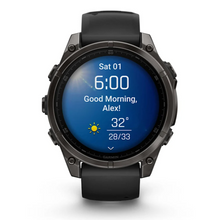 Load image into Gallery viewer, Garmin Fenix 8 AMOLED 47mm Sapphire Titanium Carbon Gray DLC with Black/Pebble Gray Silicone Band (Pre-order)