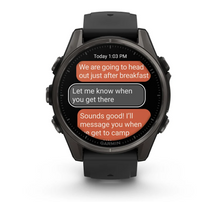 Load image into Gallery viewer, Garmin Fenix 8 AMOLED 43mm Sapphire Titanium Carbon Gray DLC with Black/Pebble Gray Silicone Band (Pre-order)