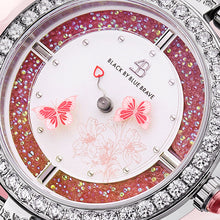 Load image into Gallery viewer, Black By Blue Brave Butterfly Lovers 34mm (4B11136) Pink Dial Moving Butterfly Hands Silver Bracelet Watch
