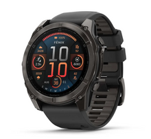 Load image into Gallery viewer, Garmin Fenix 8 AMOLED 51mm Sapphire Titanium Carbon Gray DLC with Black/Pebble Gray Silicone Band
