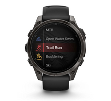 Load image into Gallery viewer, Garmin Fenix 8 AMOLED 47mm Sapphire Titanium Carbon Gray DLC with Black/Pebble Gray Silicone Band
