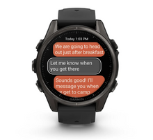 Load image into Gallery viewer, Garmin Fenix 8 AMOLED 43mm Sapphire Titanium Carbon Gray DLC with Black/Pebble Gray Silicone Band
