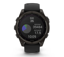 Load image into Gallery viewer, Garmin Fenix 8 47mm Solar Sapphire Carbon Gray DLC Titanium with Black/Pebble Gray Silicone Band
