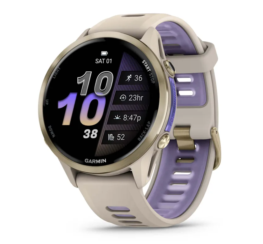 Forerunner 970 Soft Gold Titanium with French Gray Case and French Gray/Translucent Indigo Band