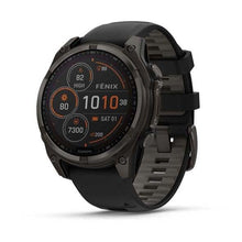 Load image into Gallery viewer, Garmin Fenix 8 47mm Solar Sapphire Carbon Gray DLC Titanium with Black/Pebble Gray Silicone Band
